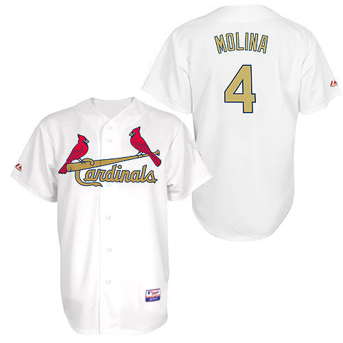Men's St. Louis Cardinals #4 Yadier Molina Replica White/Gold No. Baseball Jersey