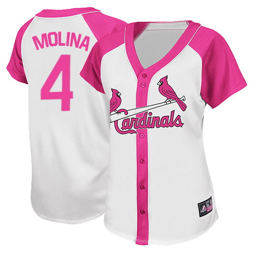 Women's St. Louis Cardinals #4 Yadier Molina Authentic White/Pink Splash  Fashion Baseball Jersey